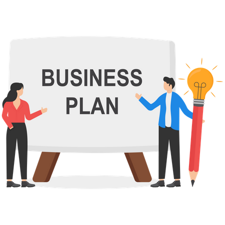 Equipo de negocios Redacción de un plan de negocios para enumerar una idea  Ilustración