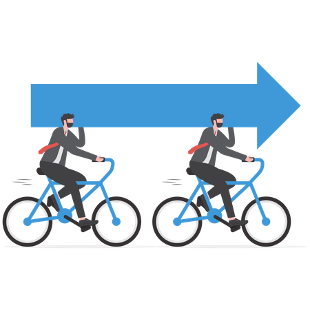 Equipo de negocios andando en bicicleta y llevando flechas.  Ilustración