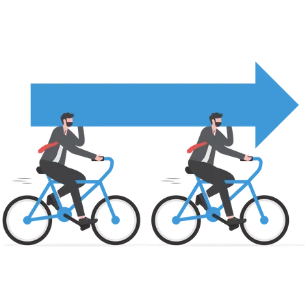 Equipo de negocios andando en bicicleta y llevando flechas.  Ilustración