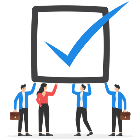 Equipo de negocios sosteniendo una gran marca de verificación  Ilustración