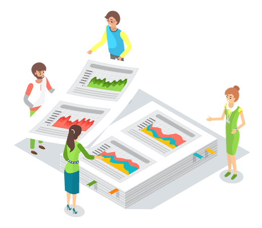 Equipo empresarial discutiendo análisis de datos  Ilustración