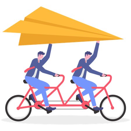 Equipo de negocios montando en bicicleta mientras sostienen un avión de papel  Ilustración