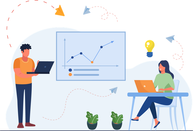 Equipo de negocios haciendo análisis de datos  Ilustración