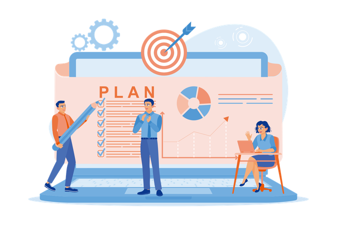 Equipo de negocios que se reúne en la oficina mientras crea un plan de flujo de trabajo empresarial  Ilustración