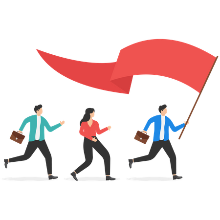 Equipo empresarial sosteniendo bandera y corriendo hacia el éxito  Ilustración