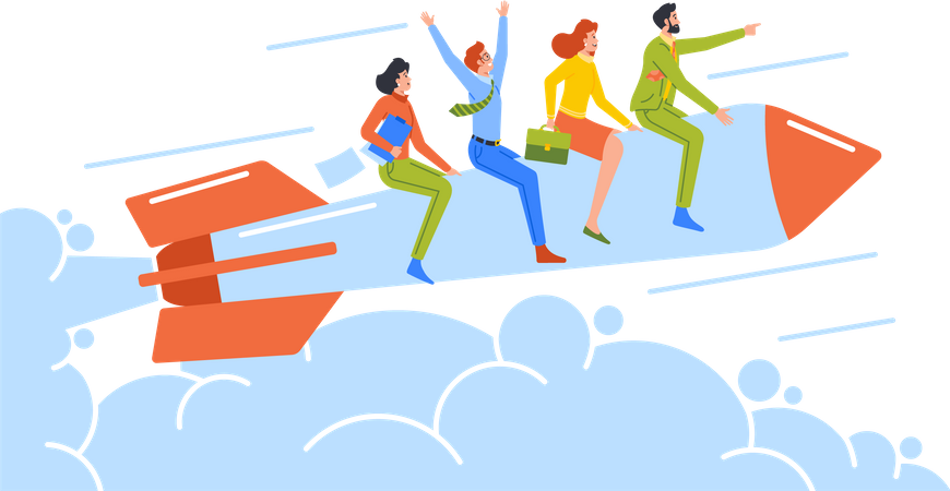 Equipo de negocios volando en cohete  Ilustración