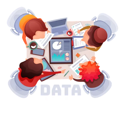 El equipo de la oficina discute el proyecto con gráficos y diagramas  Ilustración