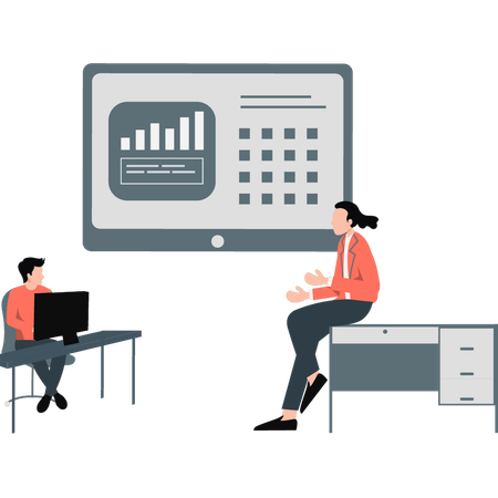 El equipo de la oficina discute sobre el informe comercial  Ilustración