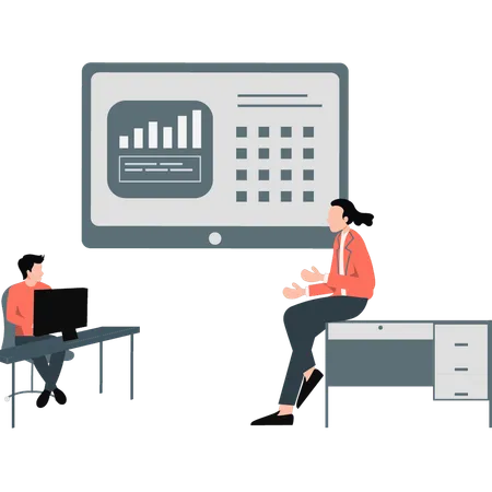 El equipo de la oficina discute sobre el informe comercial  Ilustración