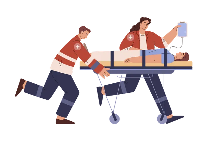 Equipo de paramédicos corriendo con el paciente en camilla  Ilustración
