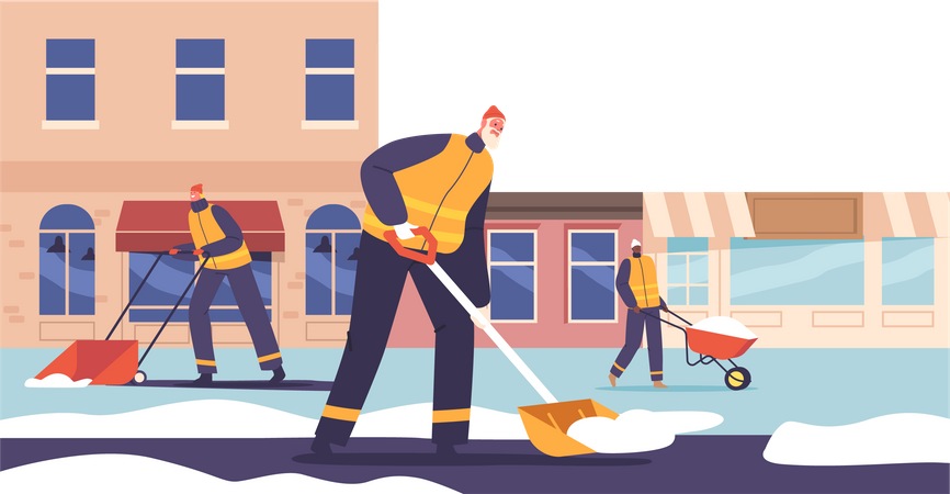 Equipo de dedicados personajes limpiadores en acción, limpiando diligentemente la nieve de las calles de la ciudad  Ilustración