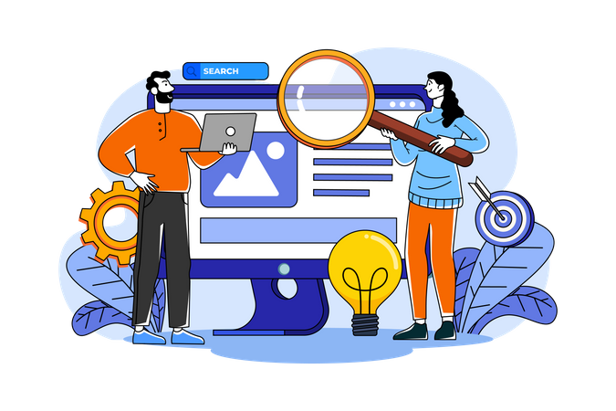 Equipo de producto haciendo investigación seo  Ilustración