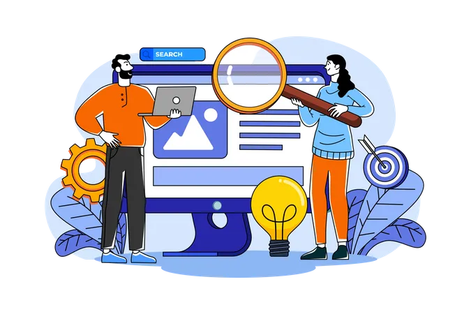 Equipo de producto haciendo investigación seo  Ilustración