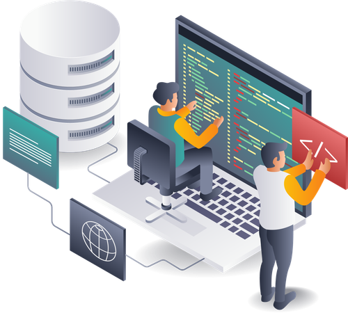 Equipo de programadores que desarrollan aplicaciones de alojamiento web  Ilustración
