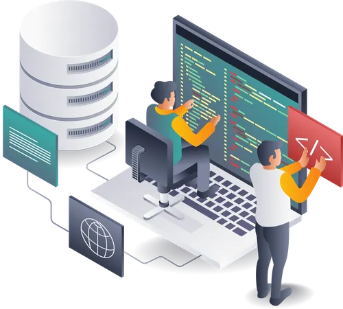 Equipo de programadores que desarrollan aplicaciones de alojamiento web  Ilustración