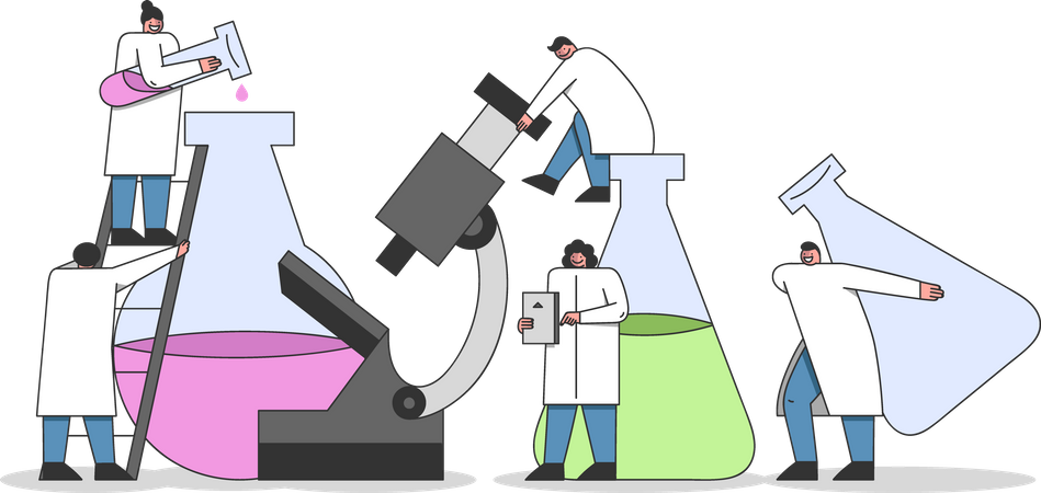 Equipo de químicos fabricando una sustancia química  Ilustración