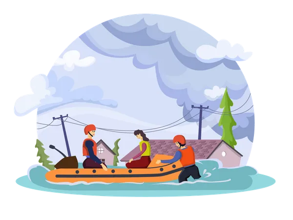 Equipo de rescate salva a personas en una inundación  Ilustración