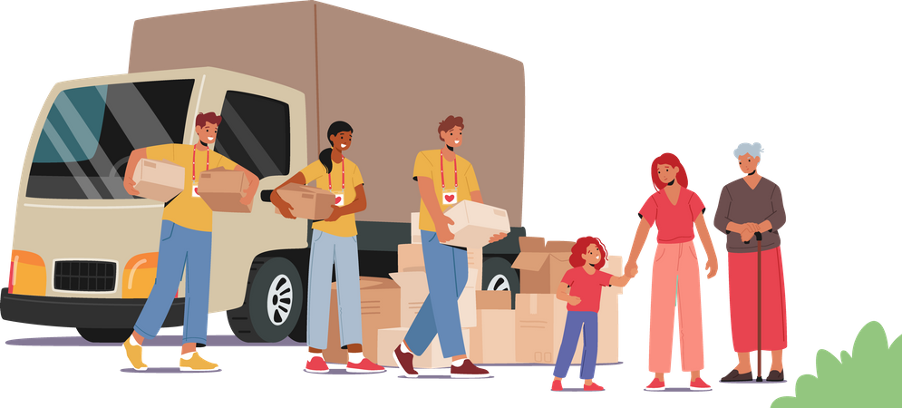 Equipo de voluntarios en camioneta de ayuda humanitaria entregando cajas de ayuda a refugiados  Ilustración