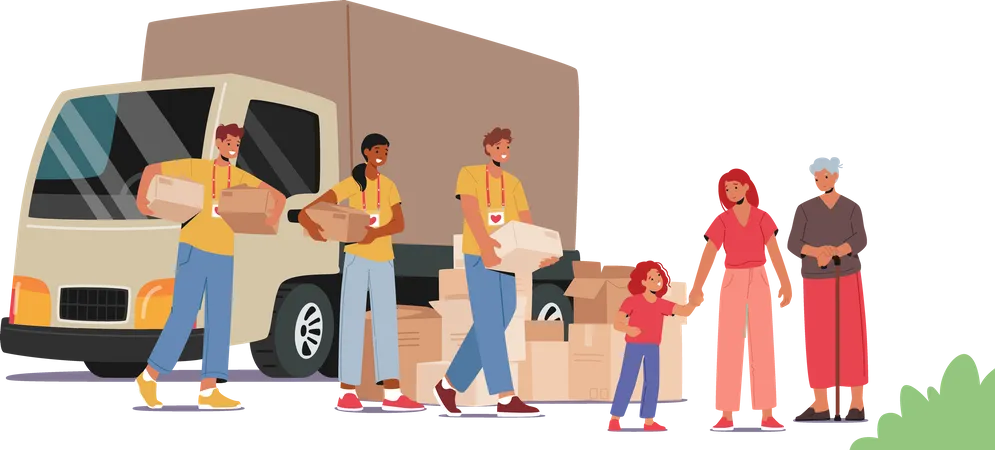 Equipo de voluntarios en camioneta de ayuda humanitaria entregando cajas de ayuda a refugiados  Ilustración