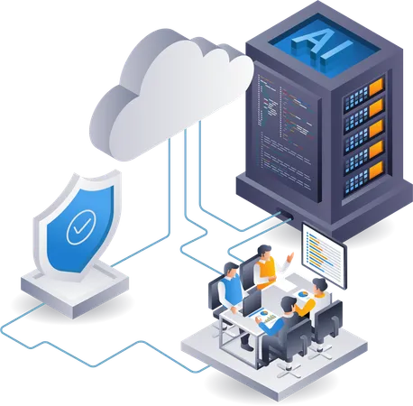 Equipo del centro de seguridad del servidor en la nube  Ilustración