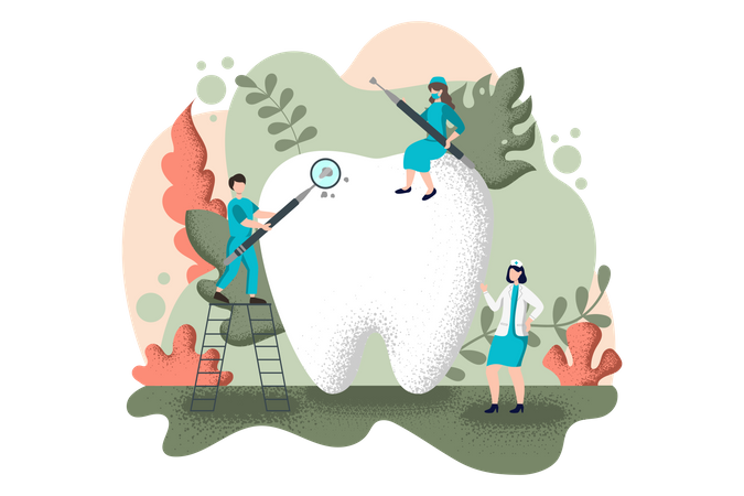 Equipo dental limpiando los dientes  Ilustración