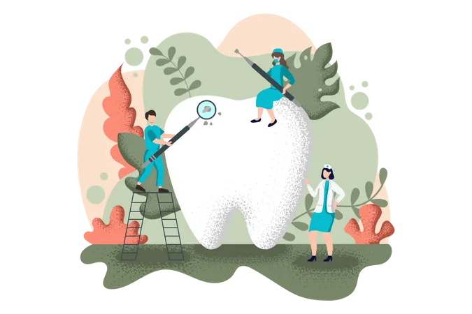 Equipo dental limpiando los dientes  Ilustración