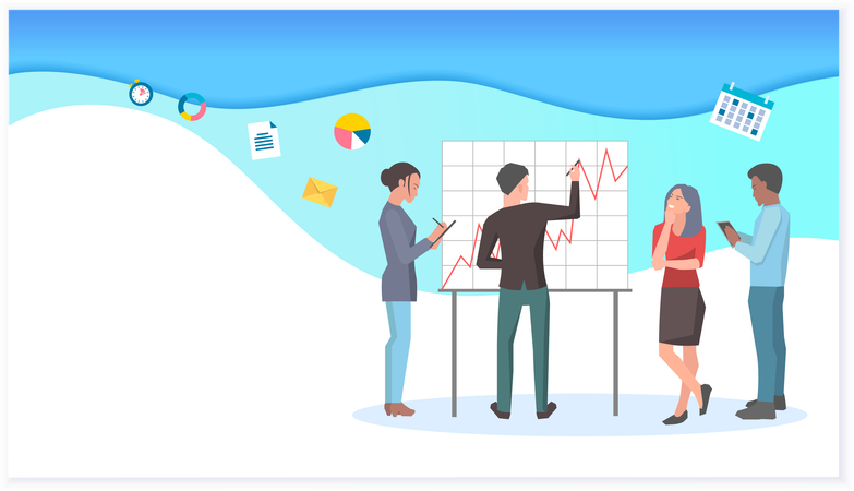 Equipo discutiendo sobre datos de análisis con empleados  Ilustración