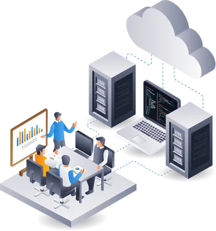 Equipo empresarial que desarrolla una aplicación de servidor en la nube  Ilustración