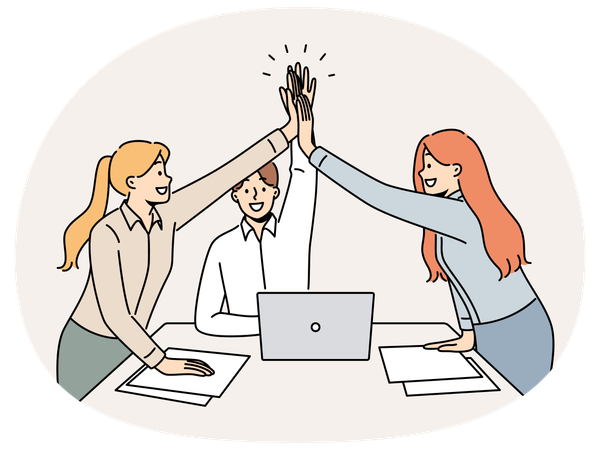 Un equipo empresarial exitoso se regocija al finalizar el proyecto, de pie cerca del escritorio y chocando los cinco.  Ilustración