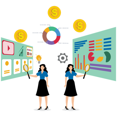 Equipo empresarial femenino realizando análisis de datos  Ilustración