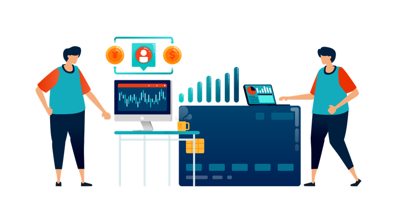 El equipo empresarial trabaja con datos gráficos.  Ilustración