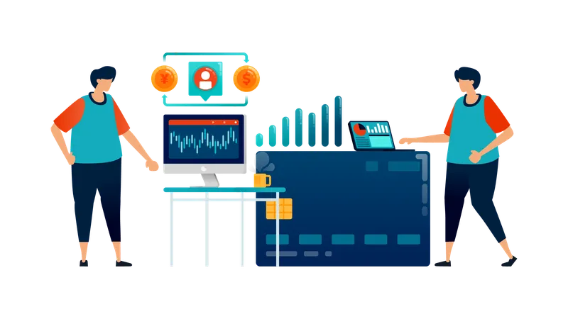 El equipo empresarial trabaja con datos gráficos.  Ilustración