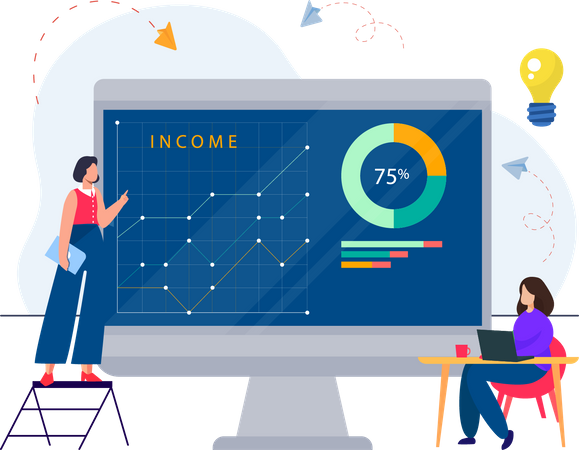 Equipo empresarial trabajando en análisis de mercado  Ilustración