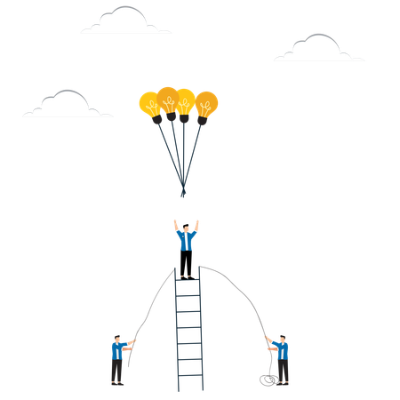 Equipo en escalera alcanza globo con bombilla  Ilustración