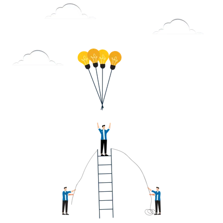 Equipo en escalera alcanza globo con bombilla  Ilustración