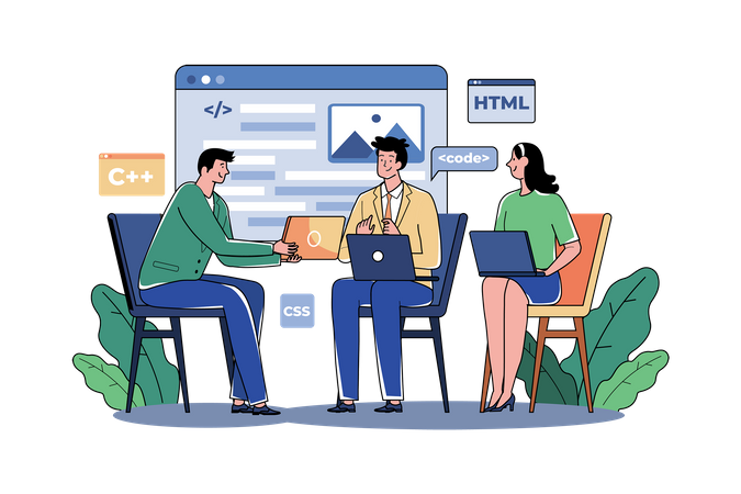 El equipo escribe programación de código para aplicaciones o sitios web.  Ilustración