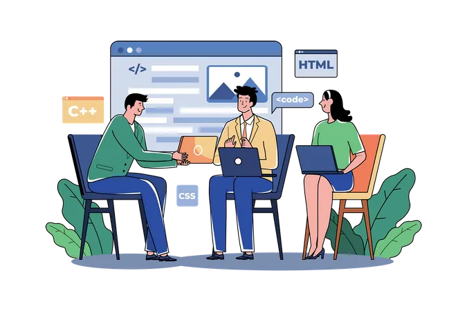 El equipo escribe programación de código para aplicaciones o sitios web.  Ilustración