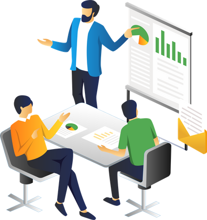 El equipo está discutiendo negocios de inversión.  Ilustración