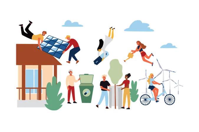 El equipo está trabajando para ahorrar energía renovable.  Ilustración