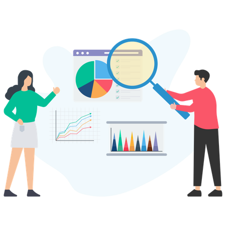 Equipo haciendo análisis de datos  Ilustración