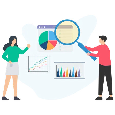 Equipo haciendo análisis de datos  Ilustración