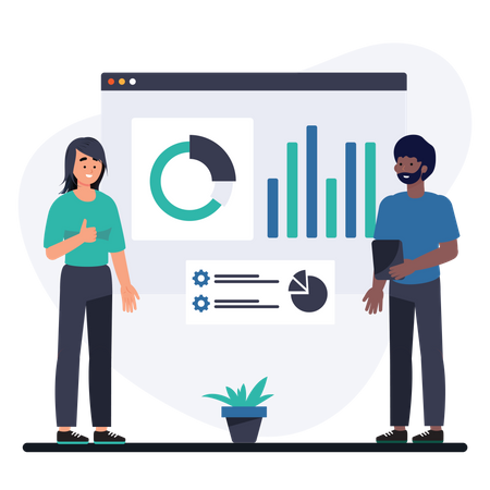 Equipo haciendo análisis de datos  Ilustración