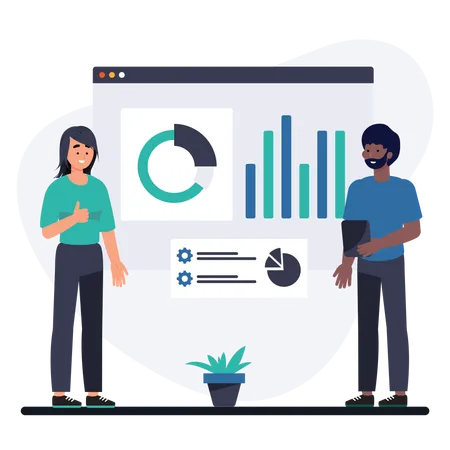 Equipo haciendo análisis de datos  Ilustración