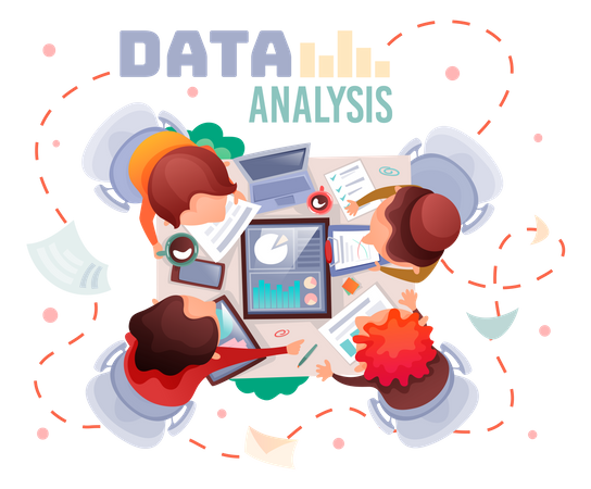 Equipo haciendo análisis de datos juntos  Ilustración