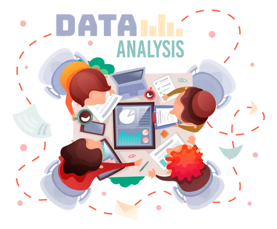 Equipo haciendo análisis de datos juntos  Ilustración