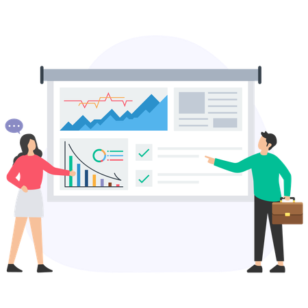 Equipo realizando una discusión sobre el mercado  Ilustración