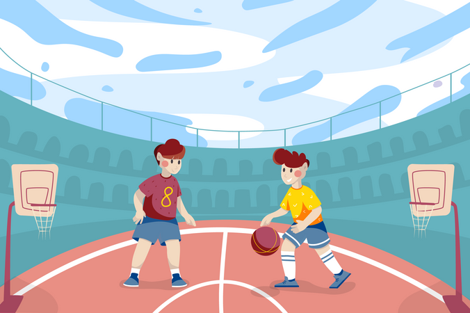 Equipo de niños jugando baloncesto.  Ilustración