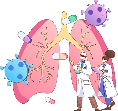 Investigación del equipo médico sobre el virus corona y la infección pulmonar  Ilustración