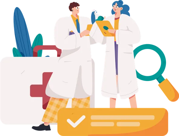 Equipo médico hablando de investigación.  Ilustración