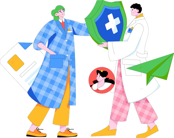 Equipo médico mostrando seguro médico.  Ilustración